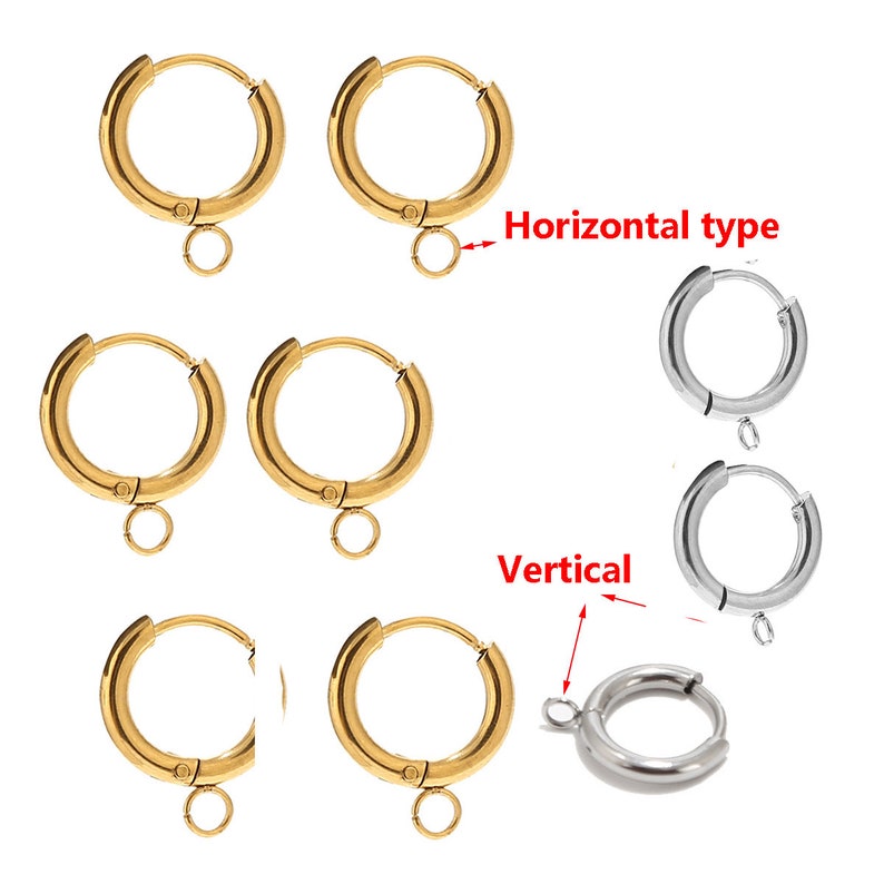 May include: Six gold hoop earrings with a small jump ring attached to the bottom. The earrings are shown in two different orientations, labelled "Horizontal type" and "Vertical".