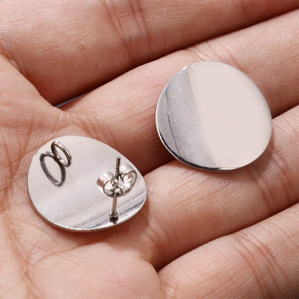 20mm Exaggerated Earring Posts with Loop Solid Stainless Steel Gold Silver Curved Round Disc Stud Ear Accessories Hypoallergenic Findings