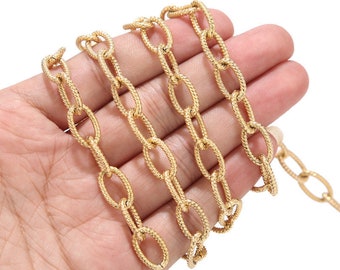 1M/5M Stainless Steel 9x15mm Textured Rolo Link Chain, 18K Gold Plated Chunky Chain for Punk Choker Necklace Bracelet Making