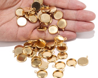20 bandejas colgantes de acero inoxidable dorado con cabujón, biseles en blanco para manualidades, fabricación de joyas con fotos, 12 mm
