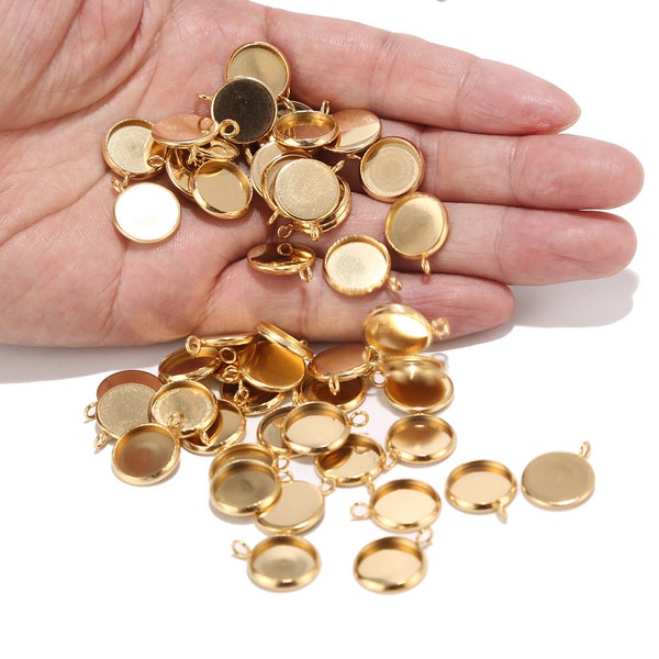 20pcs Stainless Gold Stainless Steel Pendant Trays Cabochon Settings Bezel Pendant Blanks for DIY Crafting Photo Jewelry Making 12mm
