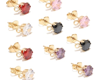 10pcs Clear Red Black Cubic Zircon Stud Earring Post With Loop 6mm Stainless Steel Earring Findings for DIY Earring Making Hypoallergenic