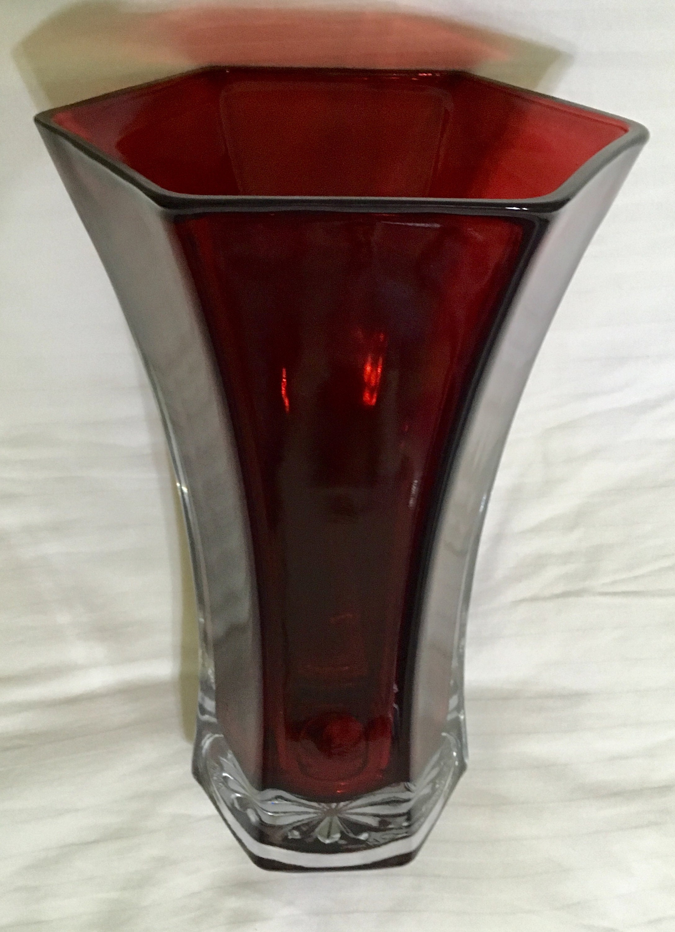 Hoosier Glass Ruby Red Tall Glass Vase, 4041, Six Sided