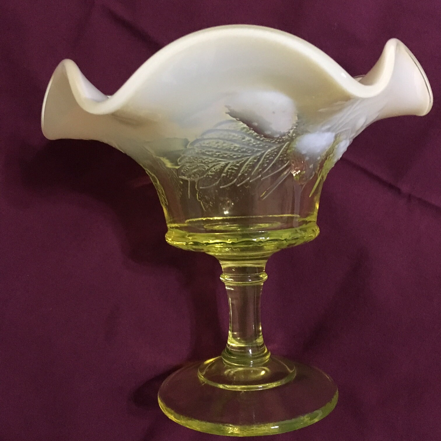 Fenton Art Glass Vaseline Glass Compote, from L G Wright Strawberry and