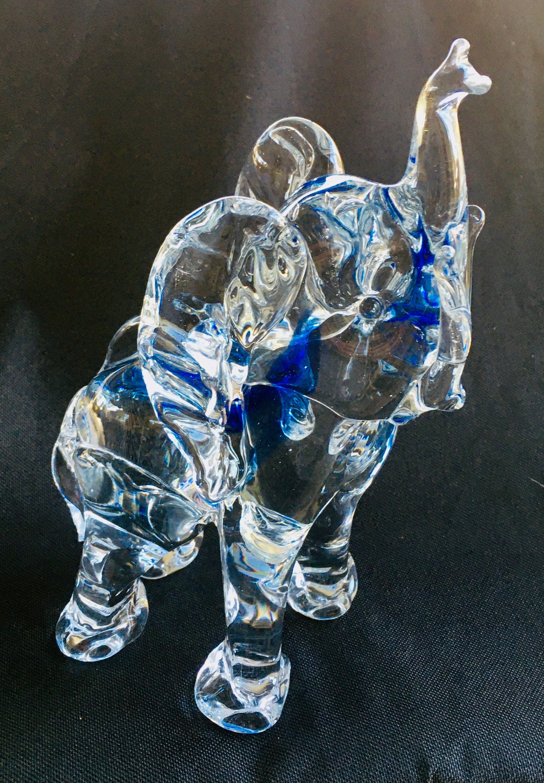 Glass Infant Elephant Figurine Clear with Cobalt Blue Inside Tall at 8 1/2