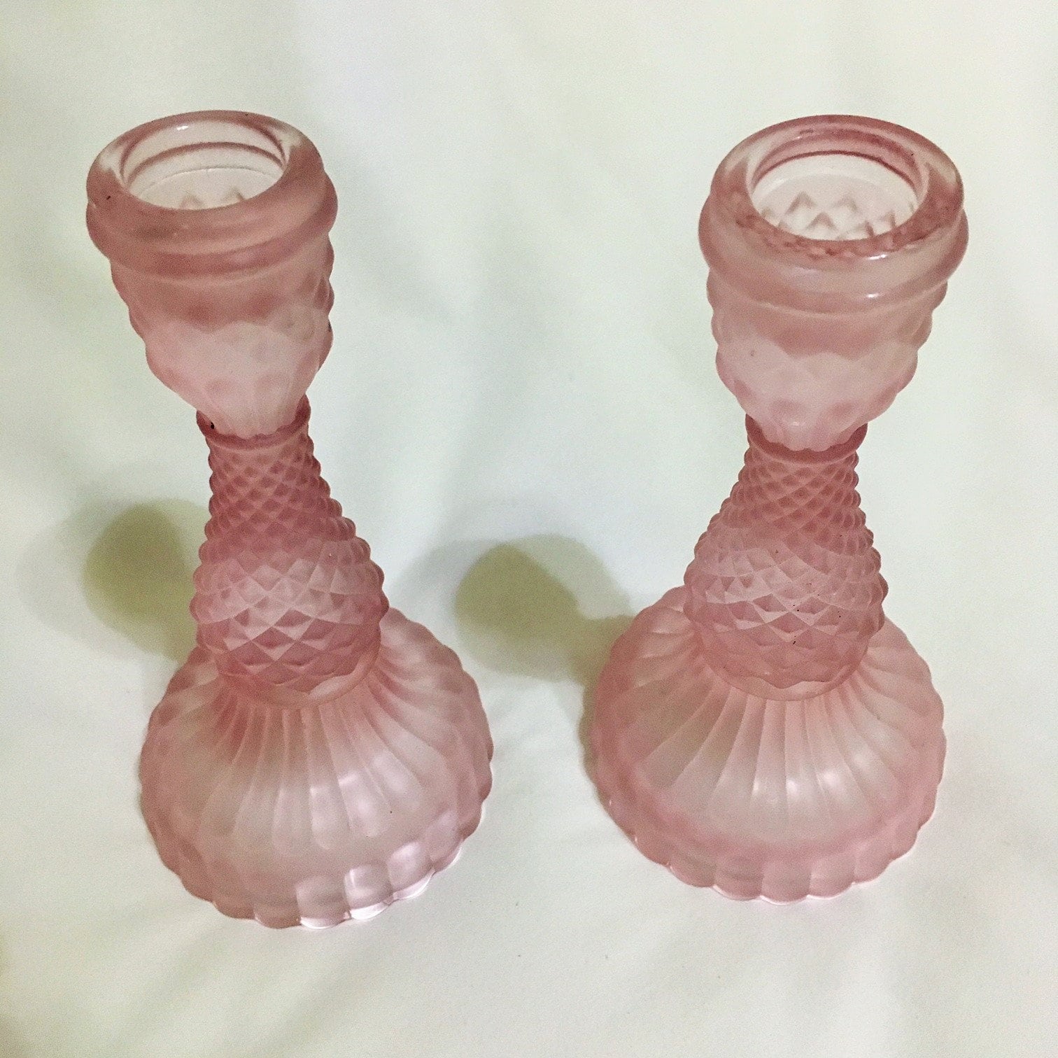 Pair of Frosted Pink Pressed Glass Pattern Tall Taper Candle Holders