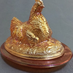 Sowerby  Sunglow Marigold Carnival Glass Hen On Nest also know as Hen with Chicks