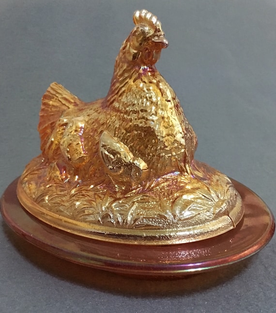 Sowerby  Sunglow Marigold Carnival Glass Hen On Nest also know as Hen with Chicks