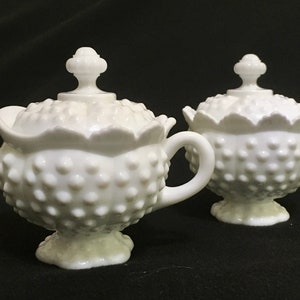 Fenton Hobnail Milk Glass Cream and Sugar Servers with Lids