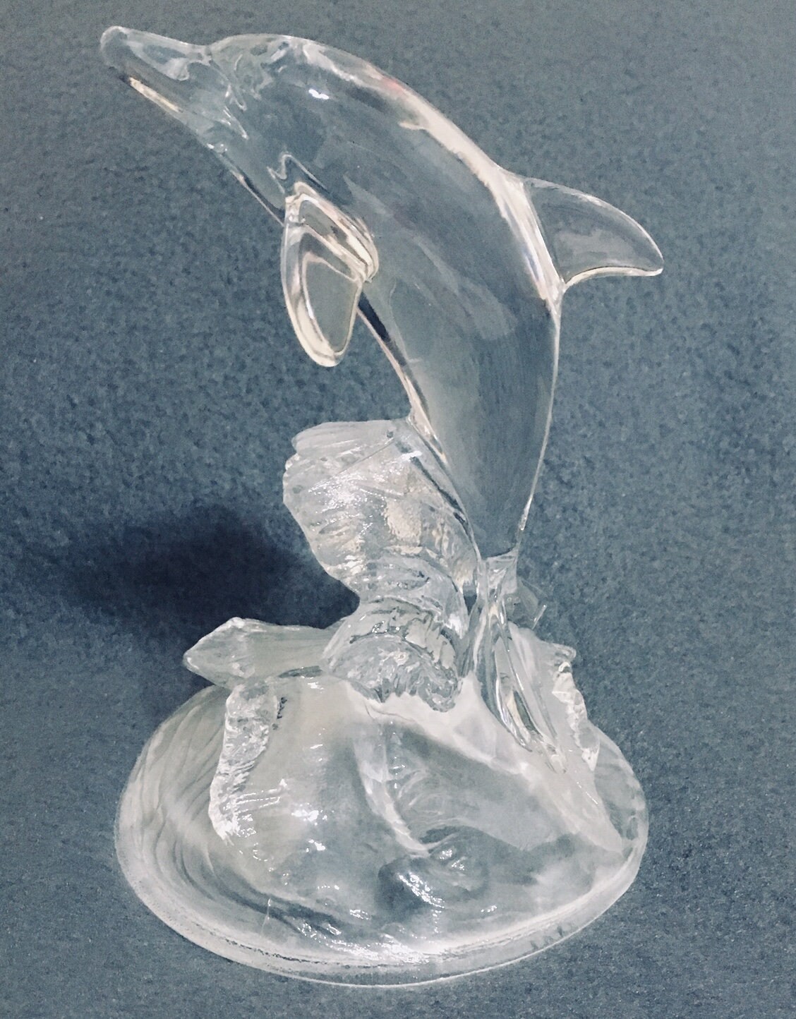 Playful Jumping Dolphin Glass Figurine, Clear Dolphin, Frosted Base, Crista d Arques