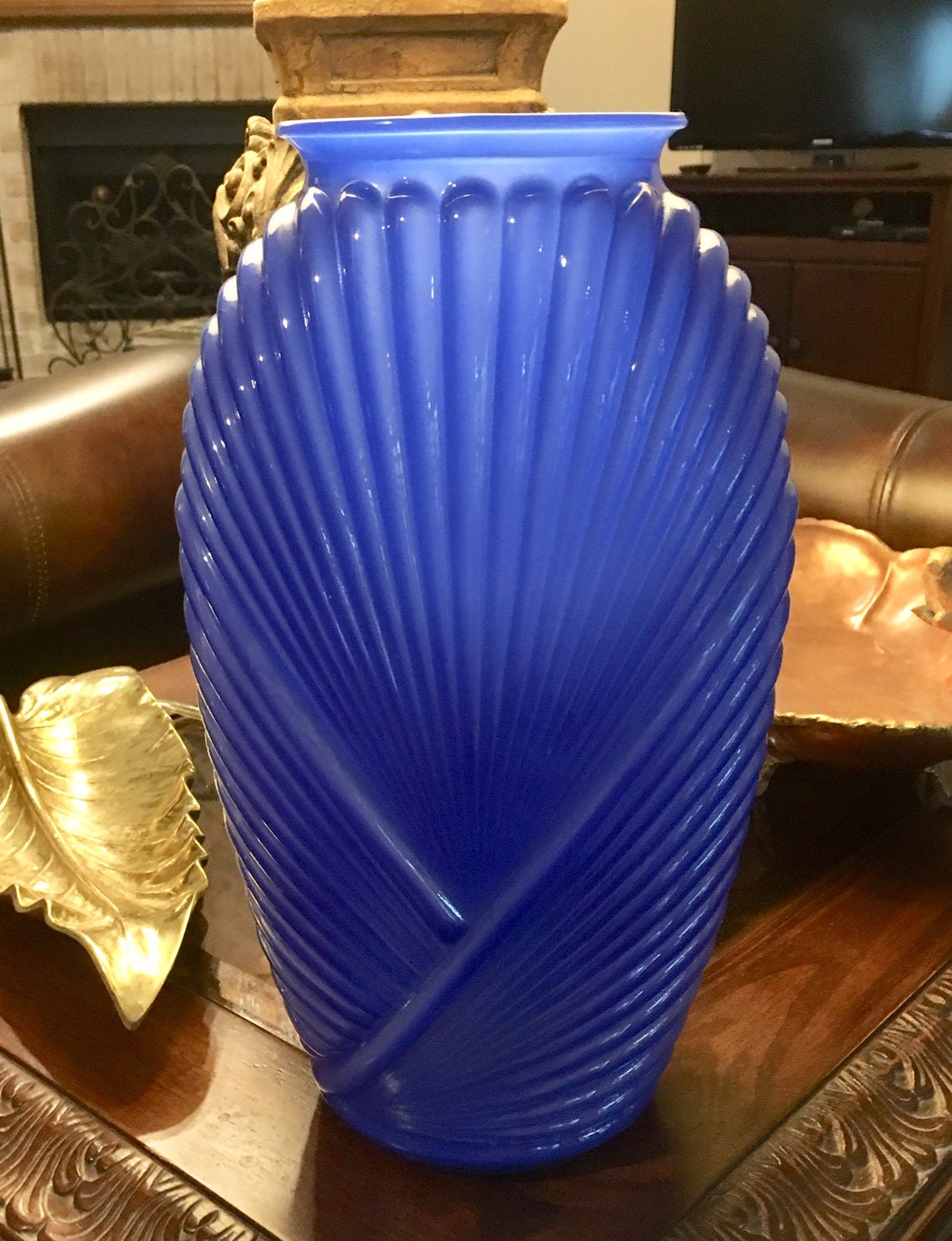 Glass Art Deco Vase with Ribbed/Pleated Drape Design 1930's, Royal Blue