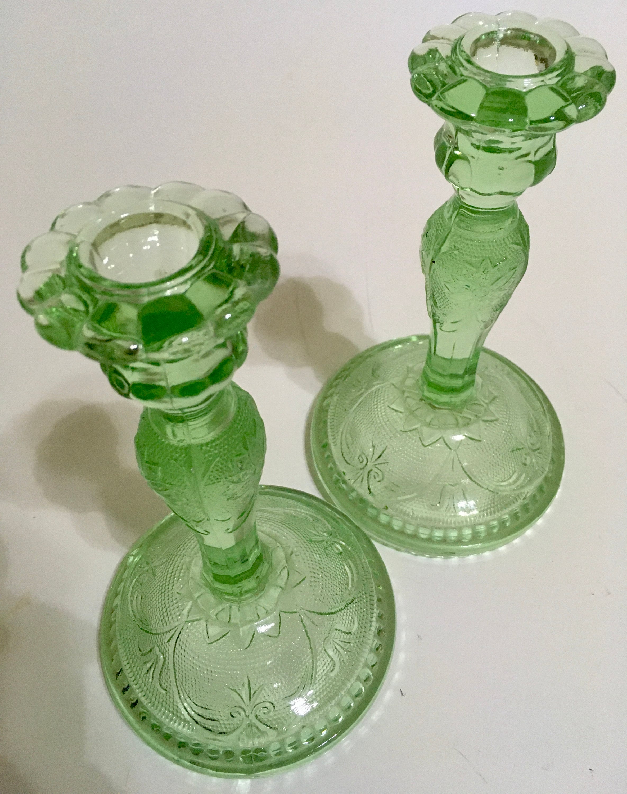 Tiara Chantilly Green Tall Candlesticks Set of Two 1980s
