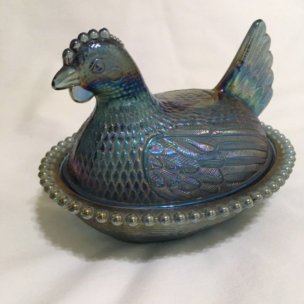 Indiana Glass Carnival Blue Hen on Nest