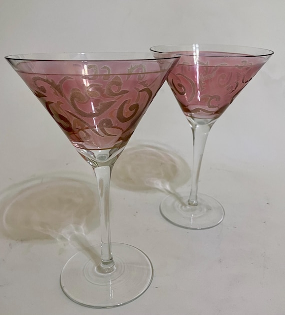 Martini Glasses Set of 2  Etched  Scroll Rose Color with Gold Rings