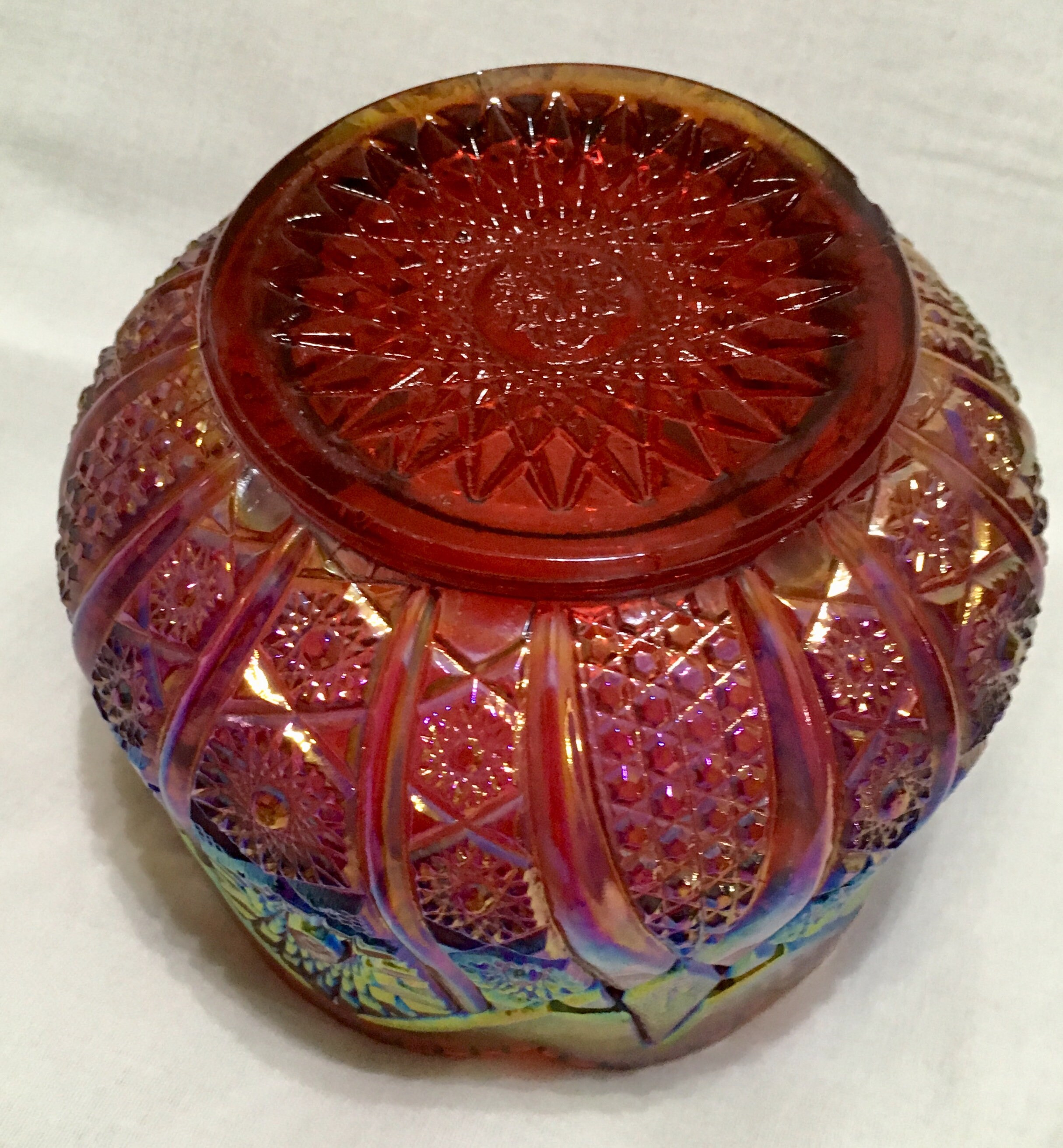 Vintage Indiana Glass Red Sunset Carnival Glass Heirloom Bowl Hobstar