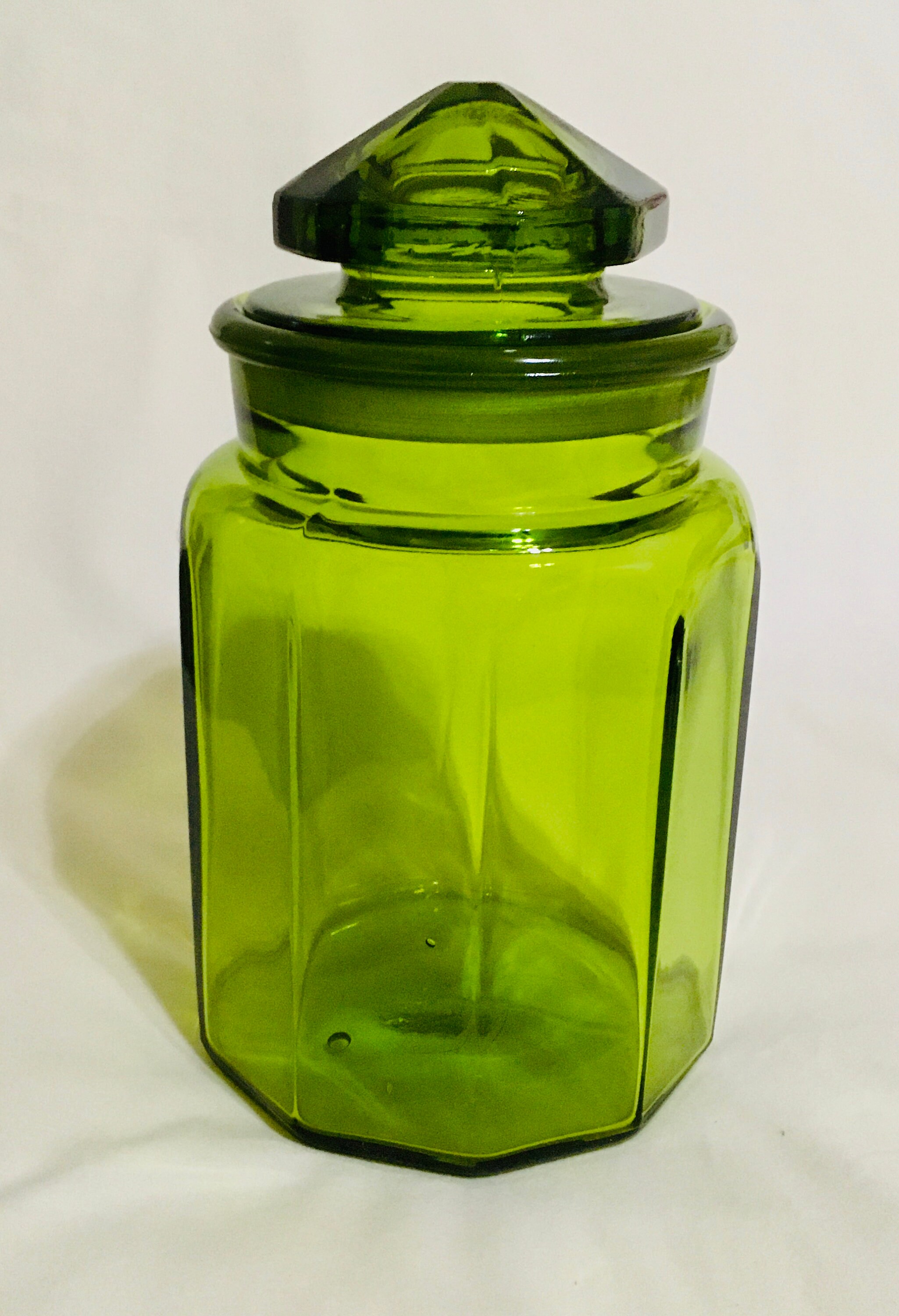 L E Smith Green Canister Jar, Eight Sided with Friction Lid