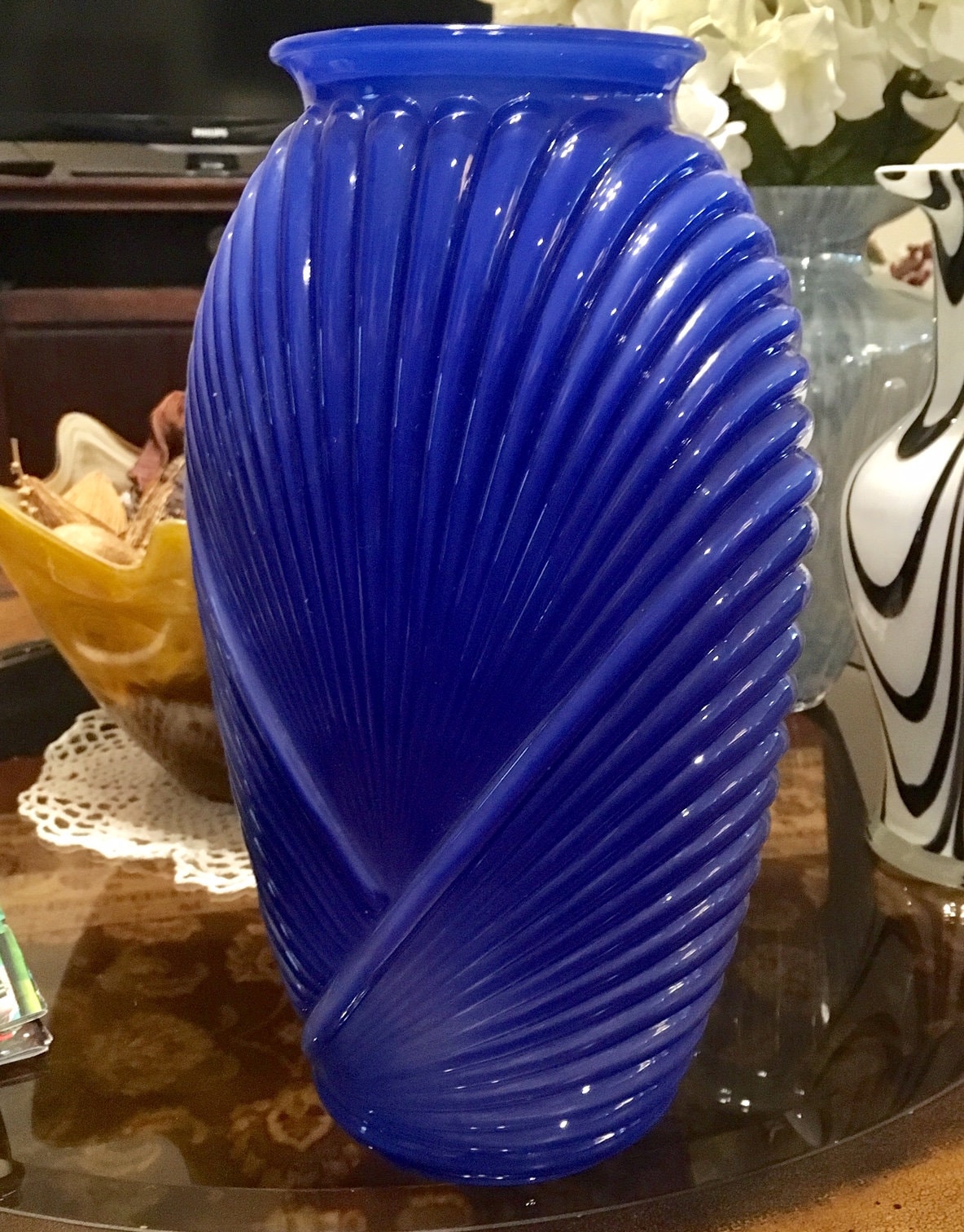 Glass Art Deco Vase with Ribbed/Pleated Drape Design 1930's, Royal Blue