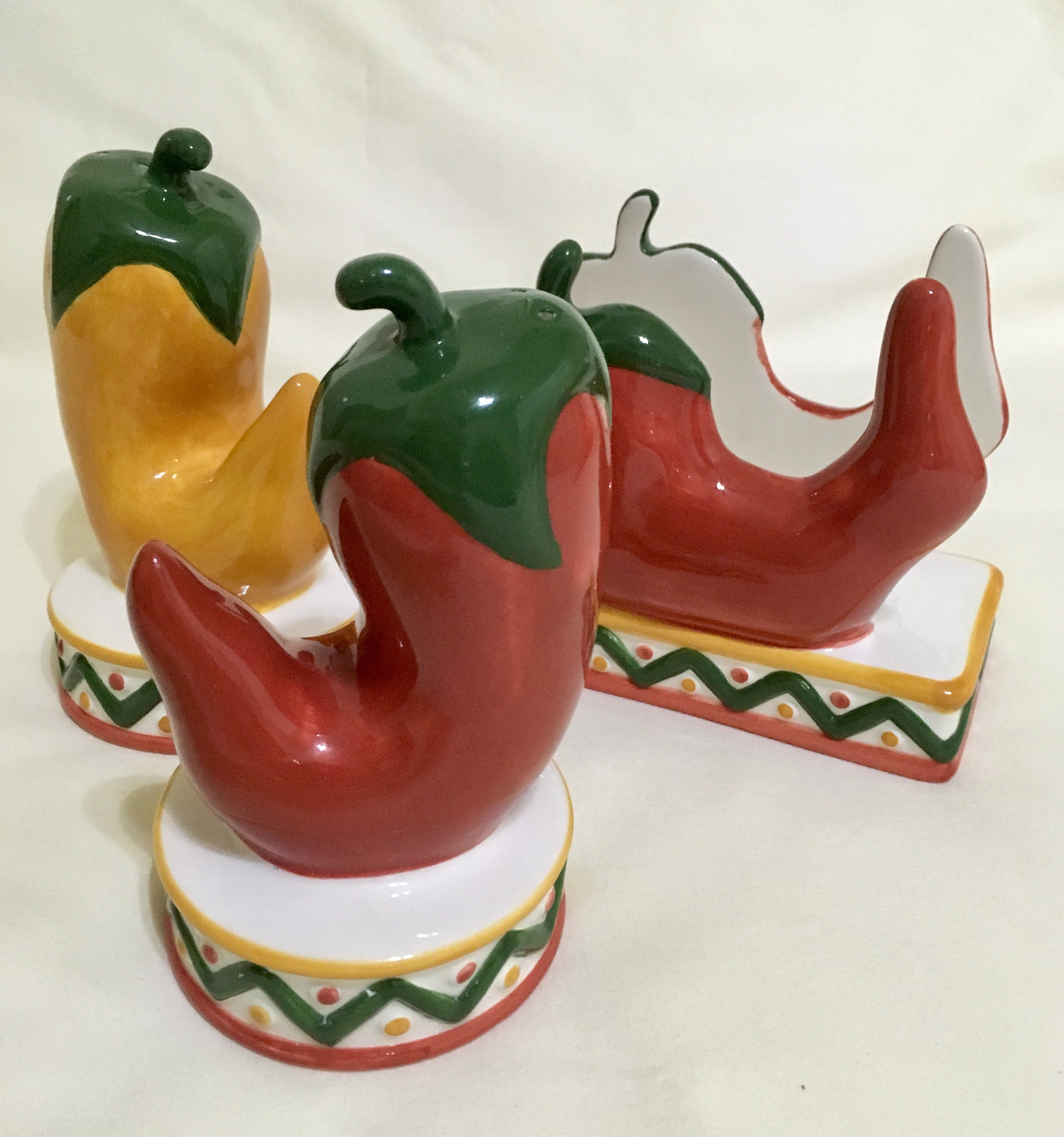 Chili Peppers By Clay Art Salt and Pepper Shakers and Napkin Holder