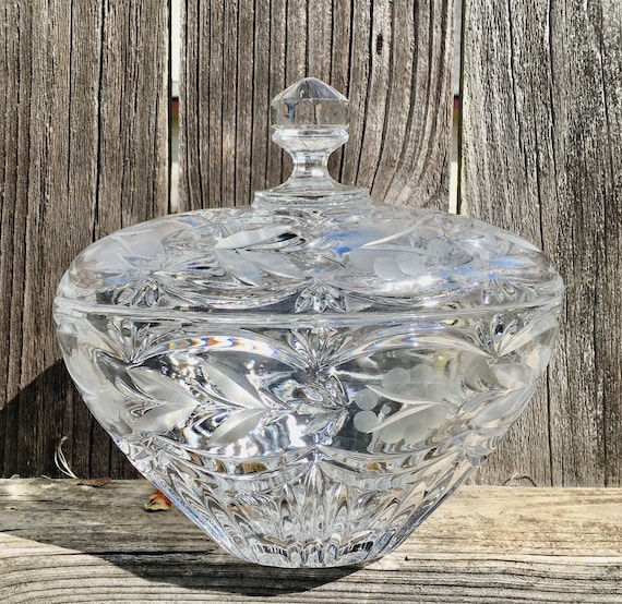 Exquisite Pressed Glass Oval Candy Dish with Lid 7.5"T 8"L 5.5"W  Etched Glass Floral