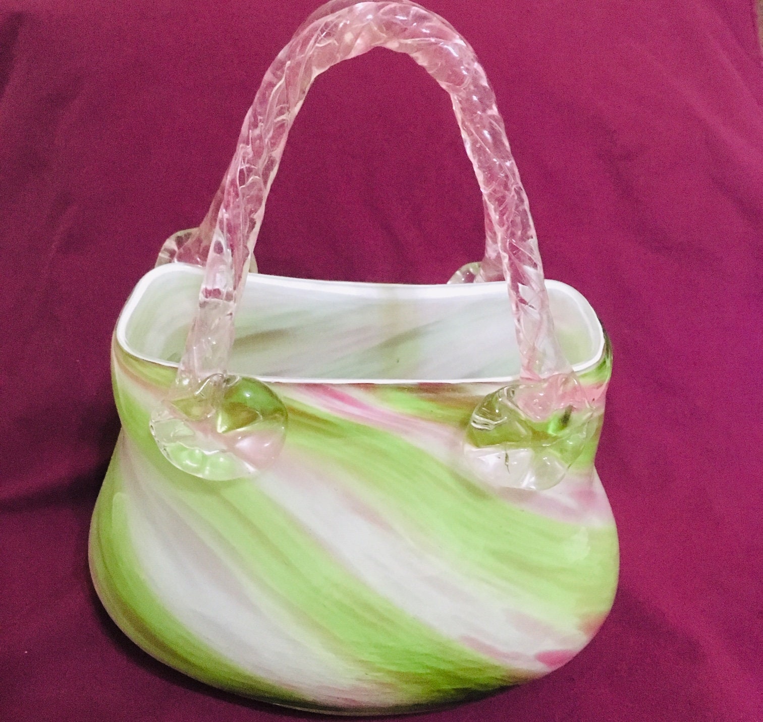 Glass Purse, Hand Blown Glass Murano or Fenton Style Studio Art Pink