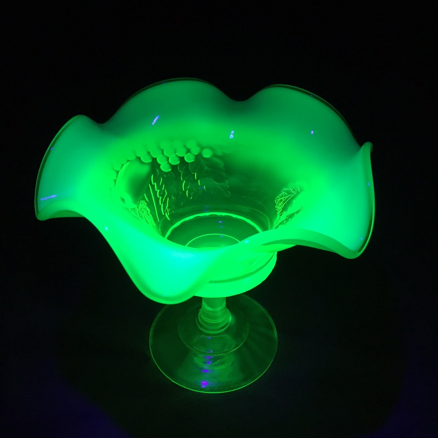 Fenton Art Glass Vaseline Glass Compote, from L G Wright Strawberry and