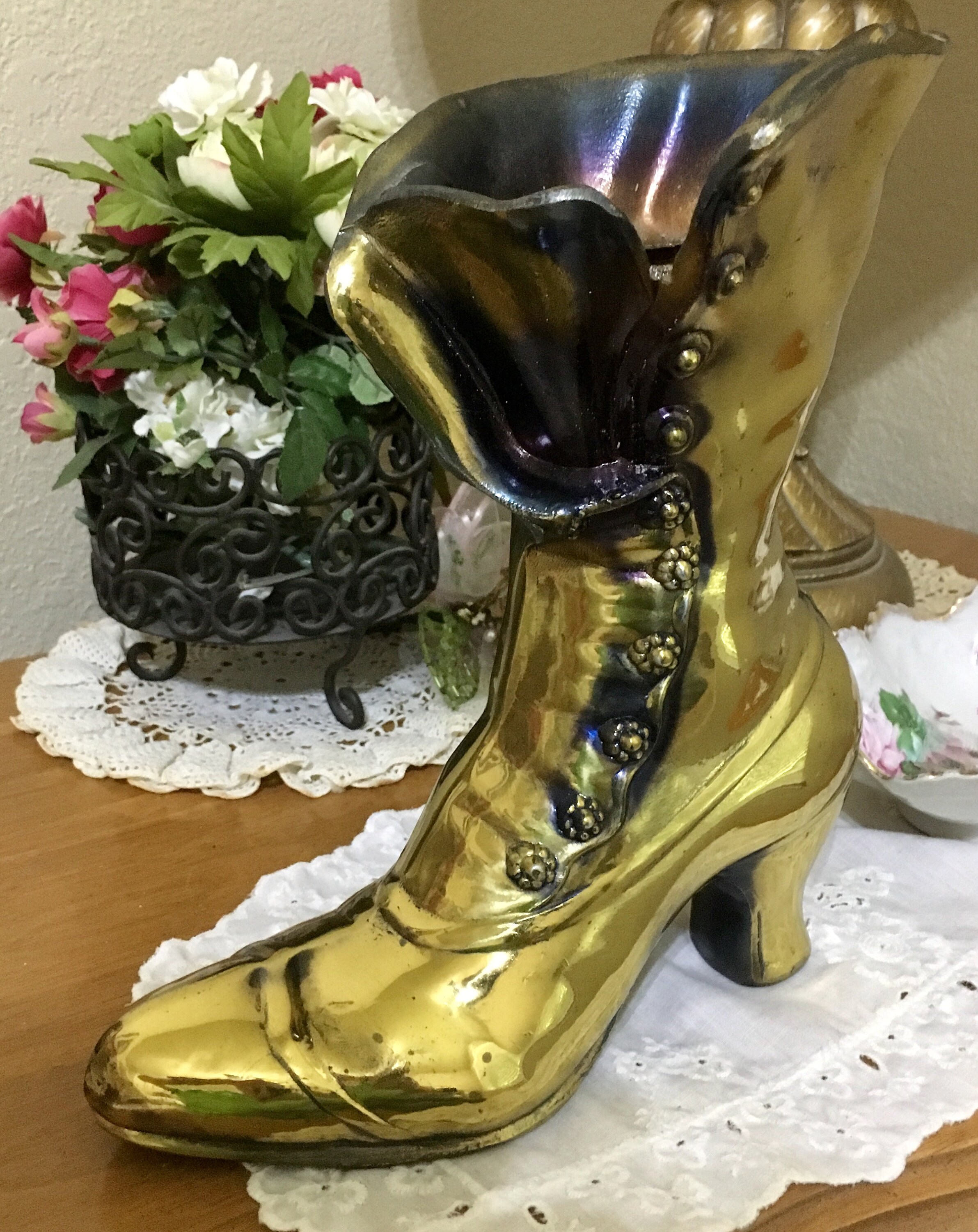 Vintage Solid Brass Victorian Styled Boot Vase