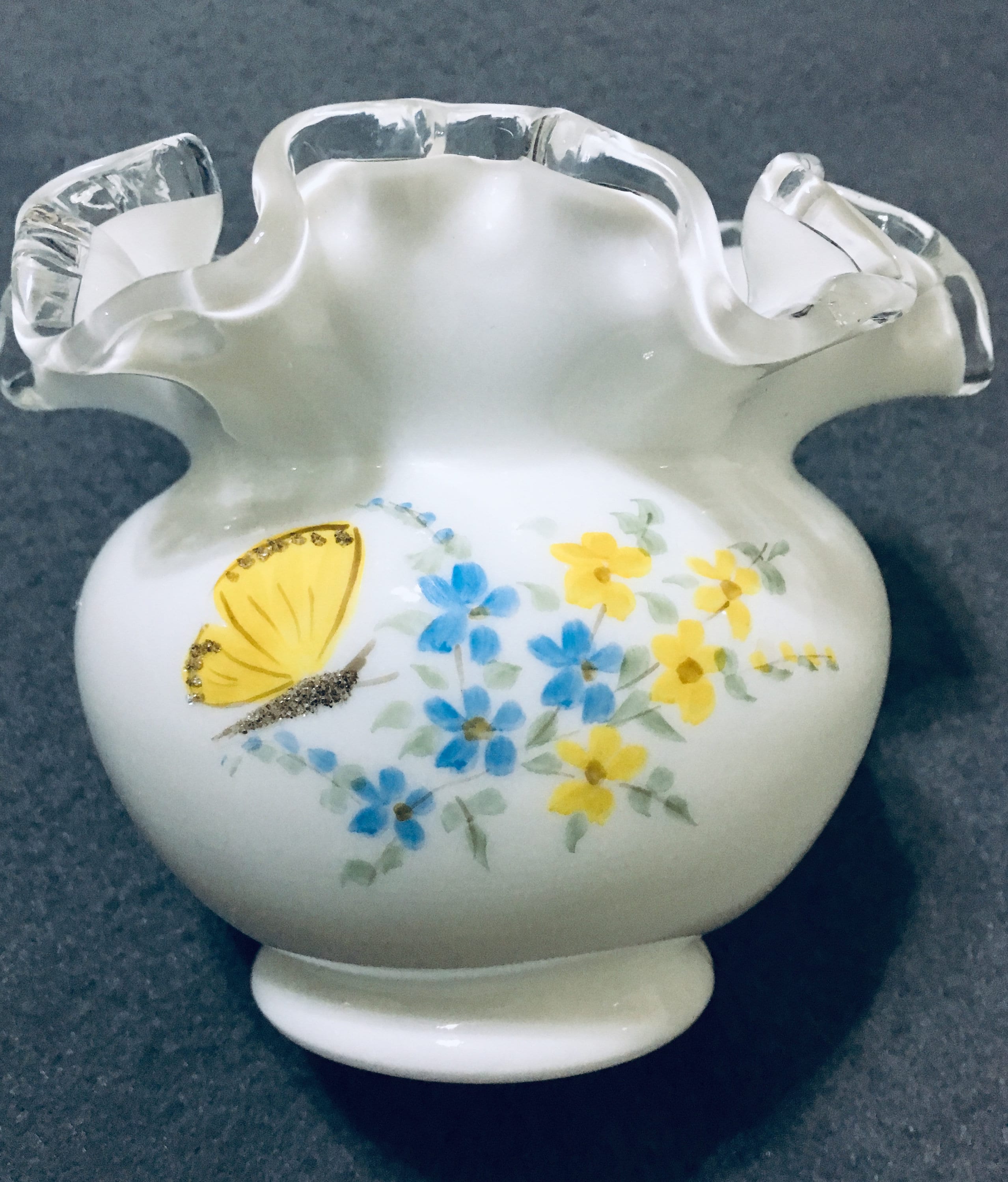 Fenton Hand Painted Glass Vase, Ruffled Top