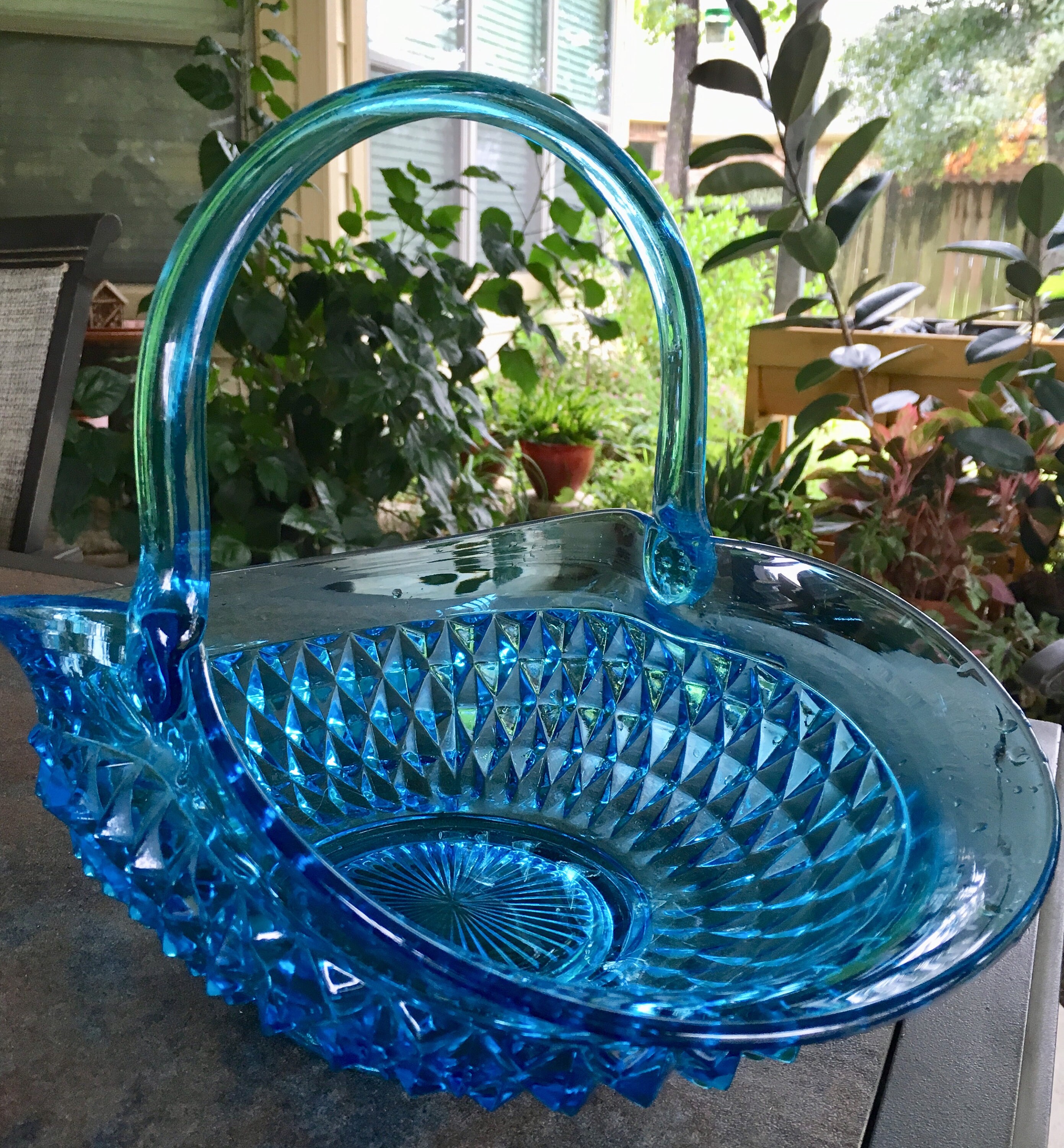 Indiana Glass Tiara Diamond Cut Aqua Blue Large Basket