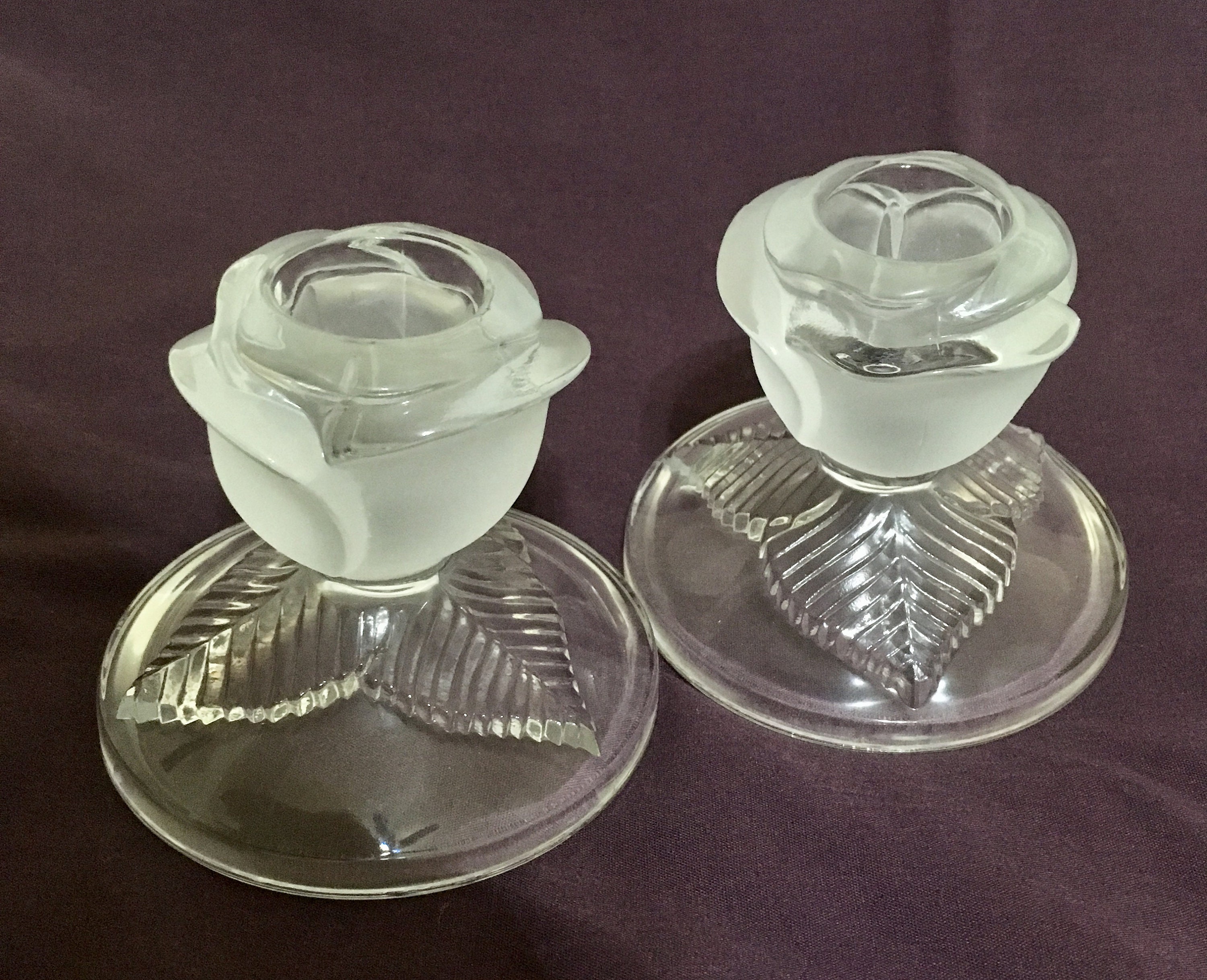 Frosted Rose Glass Candle Holders, Set of 2, Taper Candle Holders