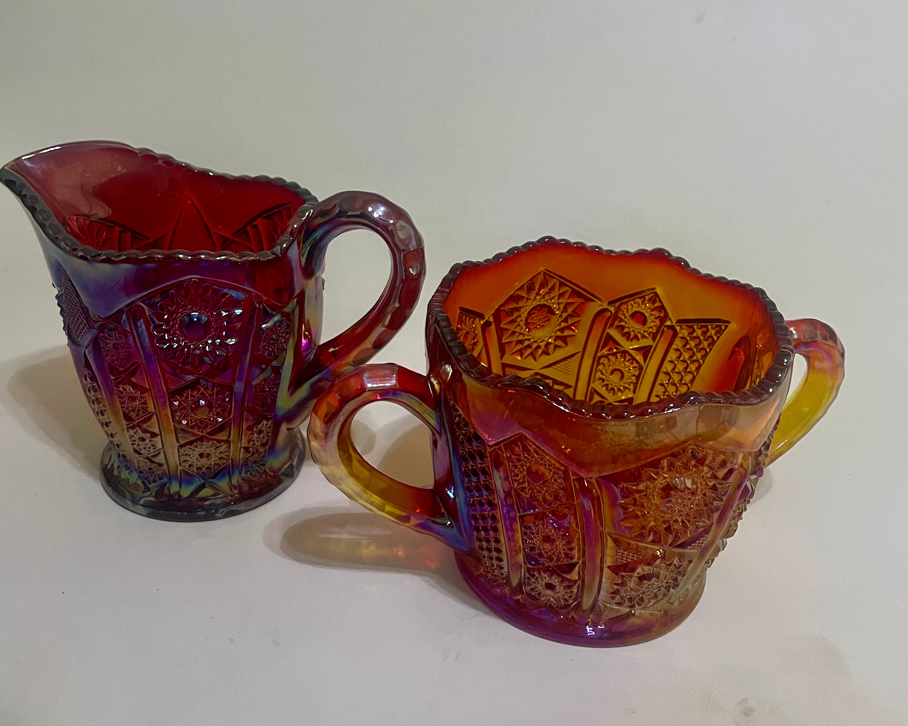 Sunset Red Heirloom Carnival Glass Cream and Sugar set Indiana Glass 1970s