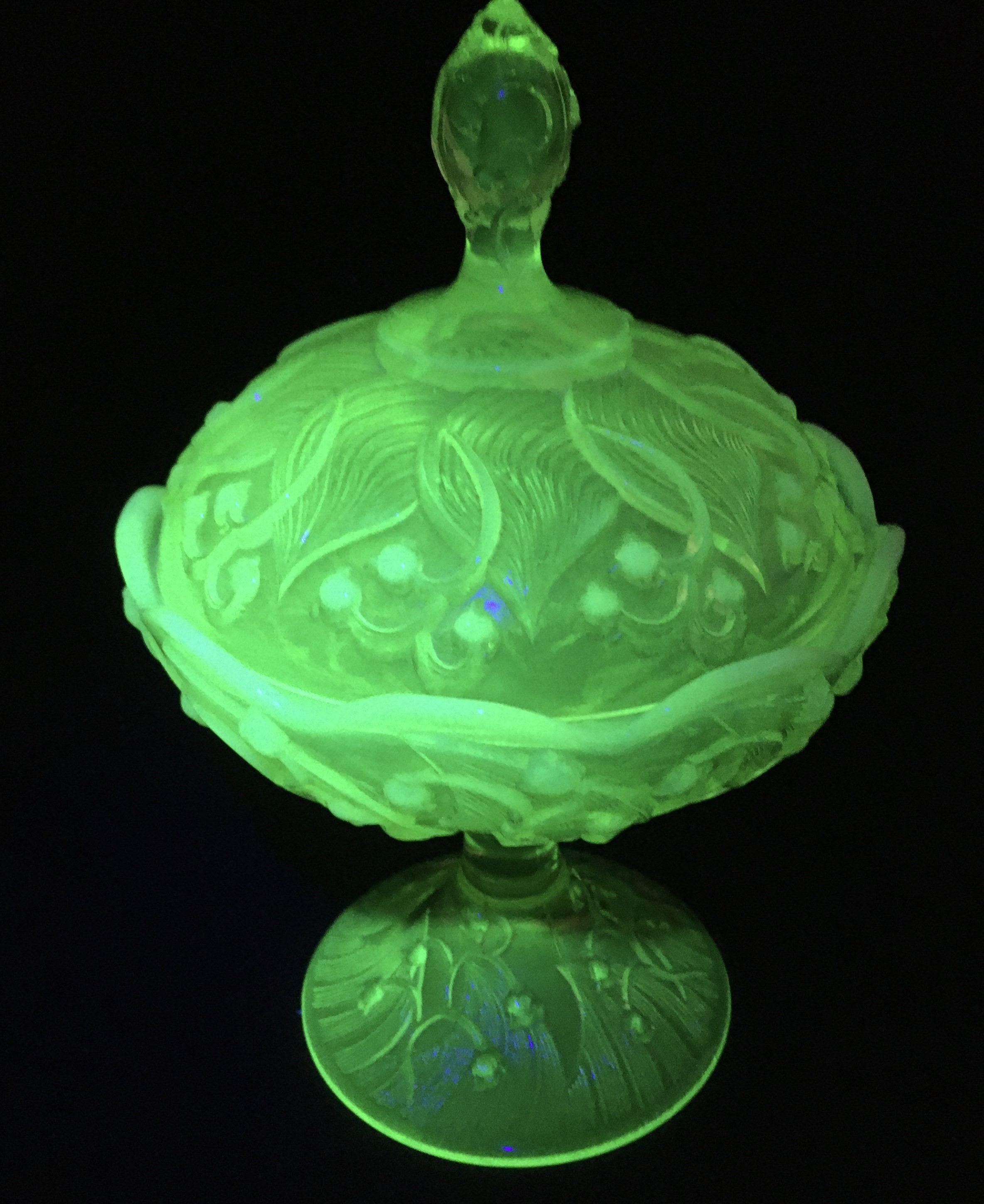 Fenton Vaseline Glass Topaz Opalescent Lily of the Valley Tall Footed