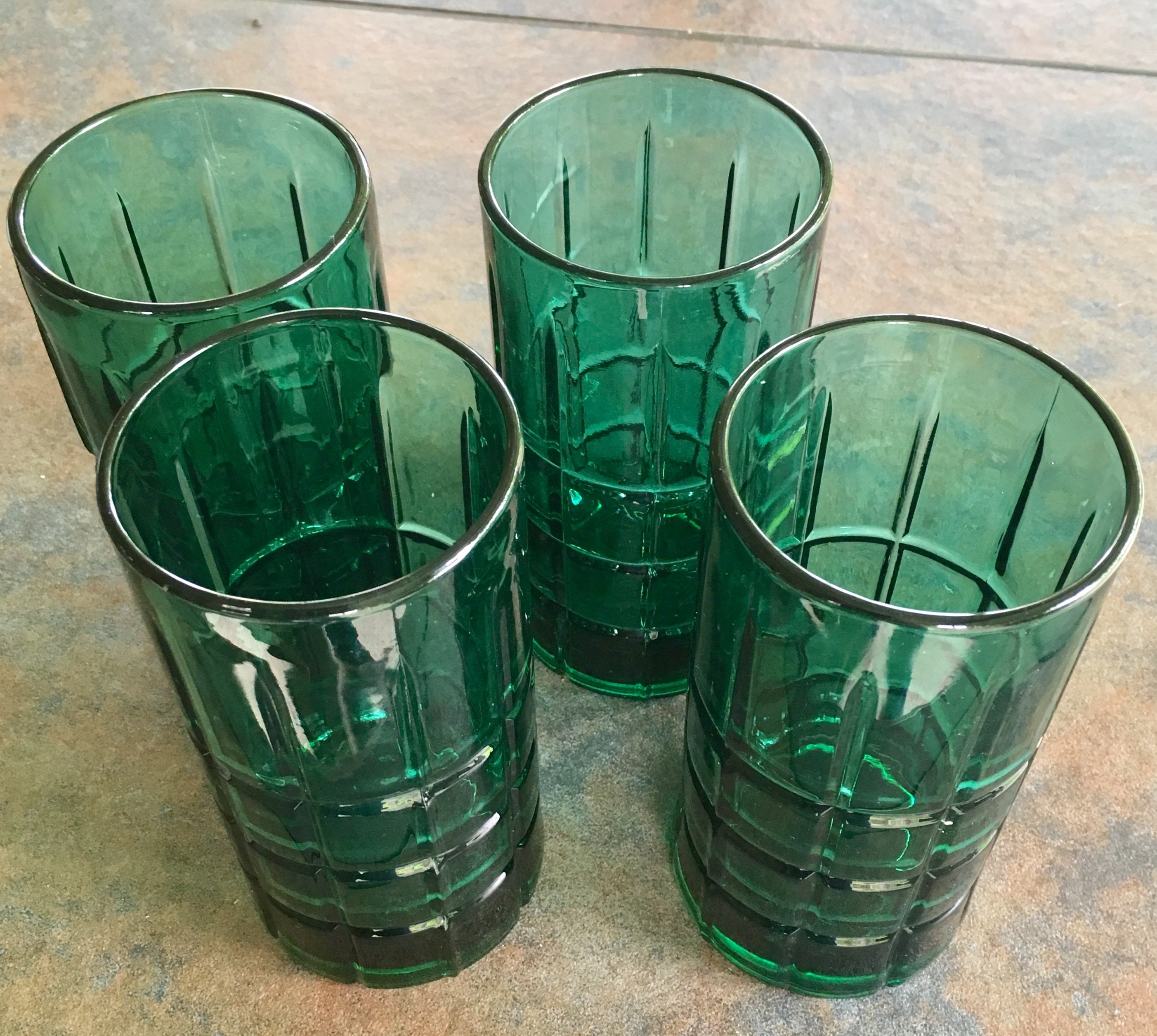 Vintage Anchor Hocking Tartan Emerald Forest Green Optic 16 Oz Drinking Glasses