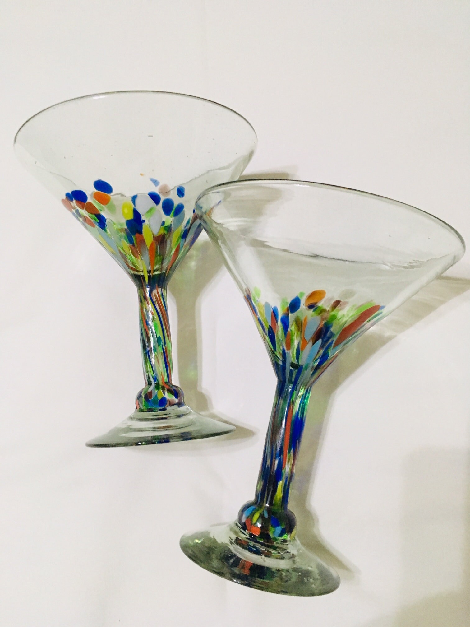 Multi Color Confetti Hand Blown Martini or Margarita Glasses, Set of