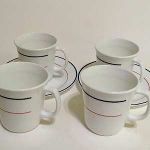 Corning Plymouth Blue and Red Strip  4 Mugs and 2 Saucers  Corelle