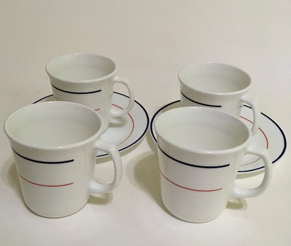 Corning Plymouth Blue and Red Strip  4 Mugs and 2 Saucers  Corelle