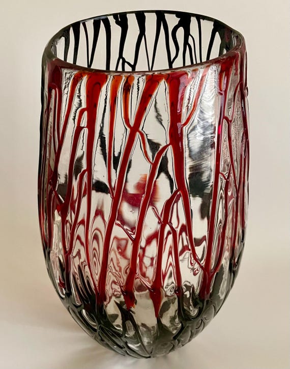 Dale Tiffany 13.25"  Signed Hand Blown Fused Glass Vase Red and Black Color Drip
