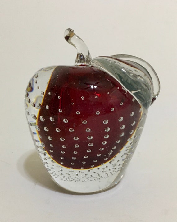 Murano Bullicante Glass Red Apple Paperweight with Controlled Bubbles