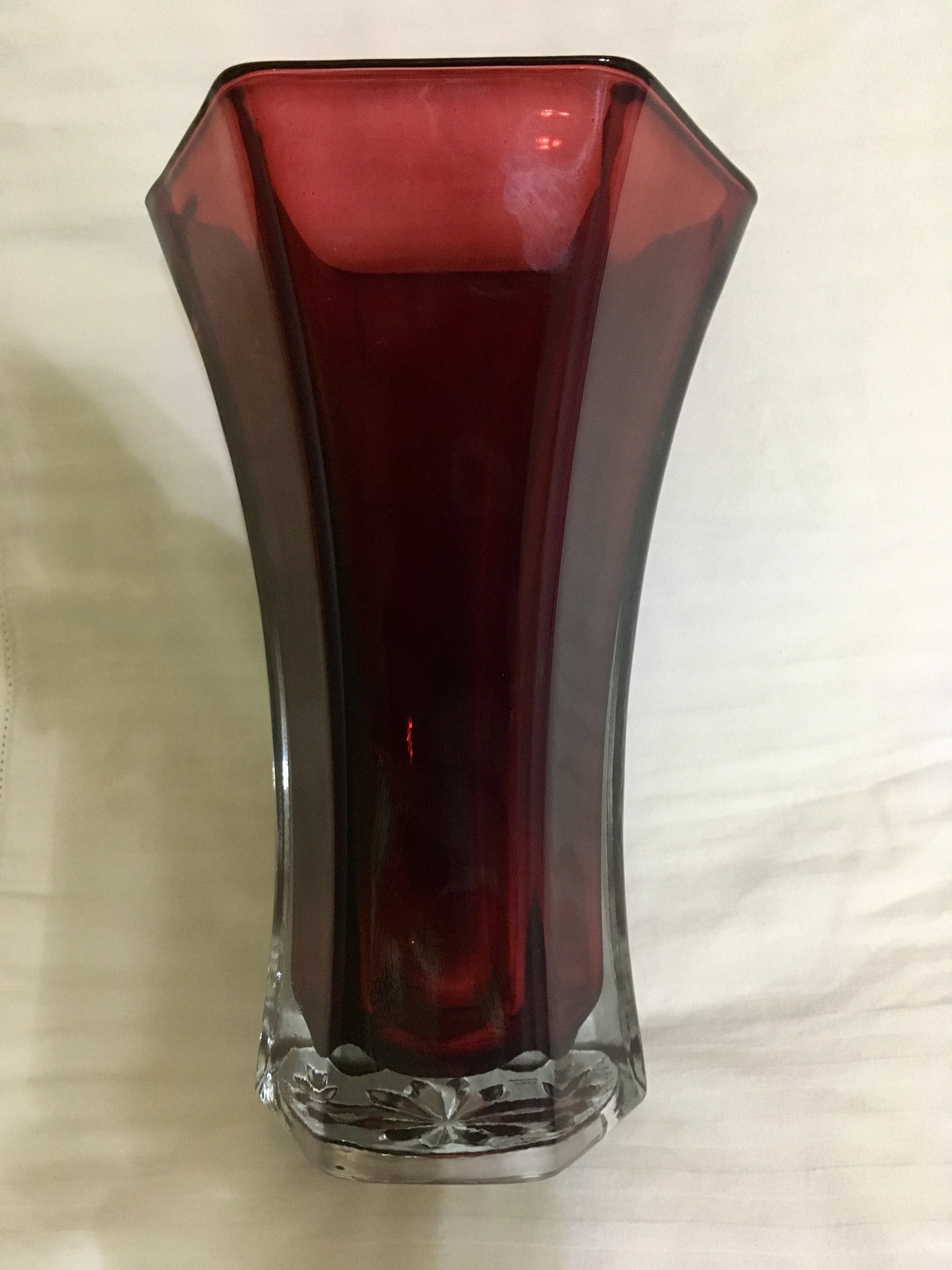 Hoosier Glass Ruby Red Tall Glass Vase, 4041, Six Sided