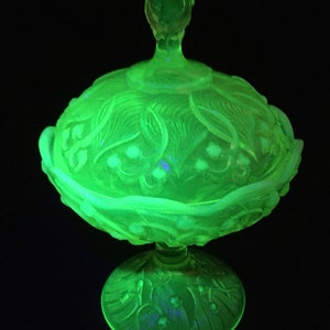 Fenton Lily of the Valley Topaz Opalescent Vaseline Glass Tall Footed Candy Box with Lid