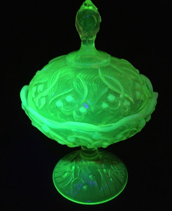 Fenton Lily of the Valley Topaz Opalescent Vaseline Glass Tall Footed Candy Box with Lid