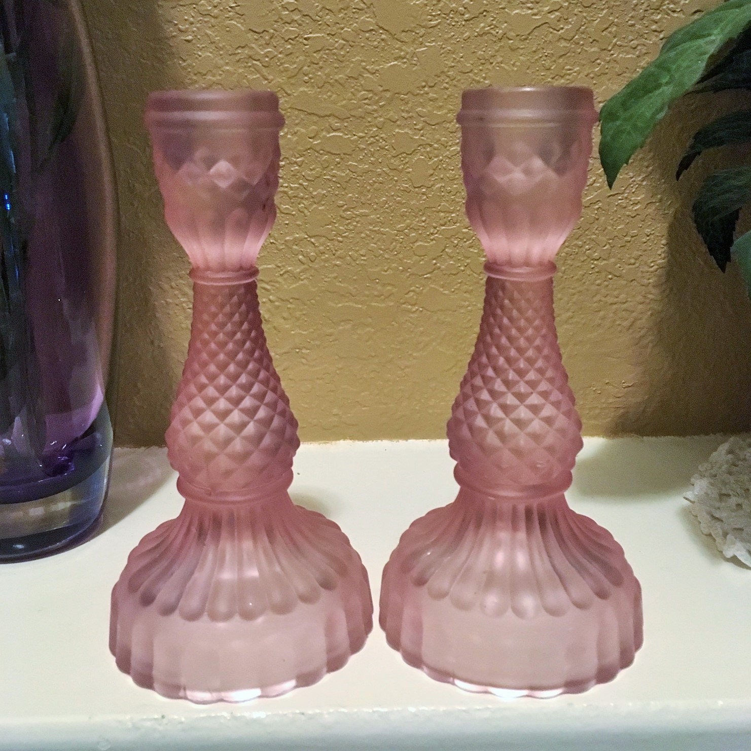 Pair of Frosted Pink Pressed Glass Pattern Tall Taper Candle Holders