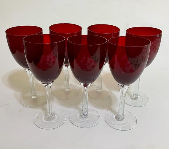 Murano Style Hand Blown Ruby Red Wine Glasses Set of Seven 7.75"