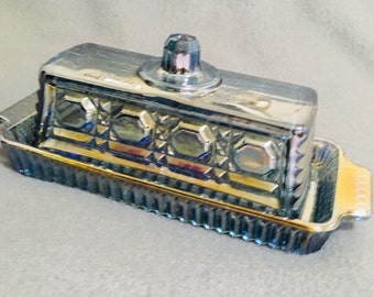 Indiana Glass Blue Carnival Glass Windsor Covered Butter Dish