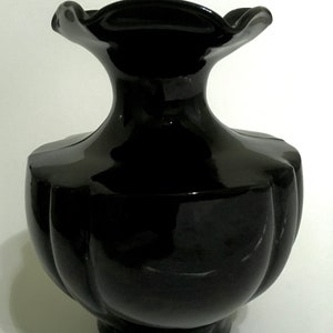Louie Glass Company Black Vase Vertical Rib and Wide Panels Crimped Top 1920-1930s