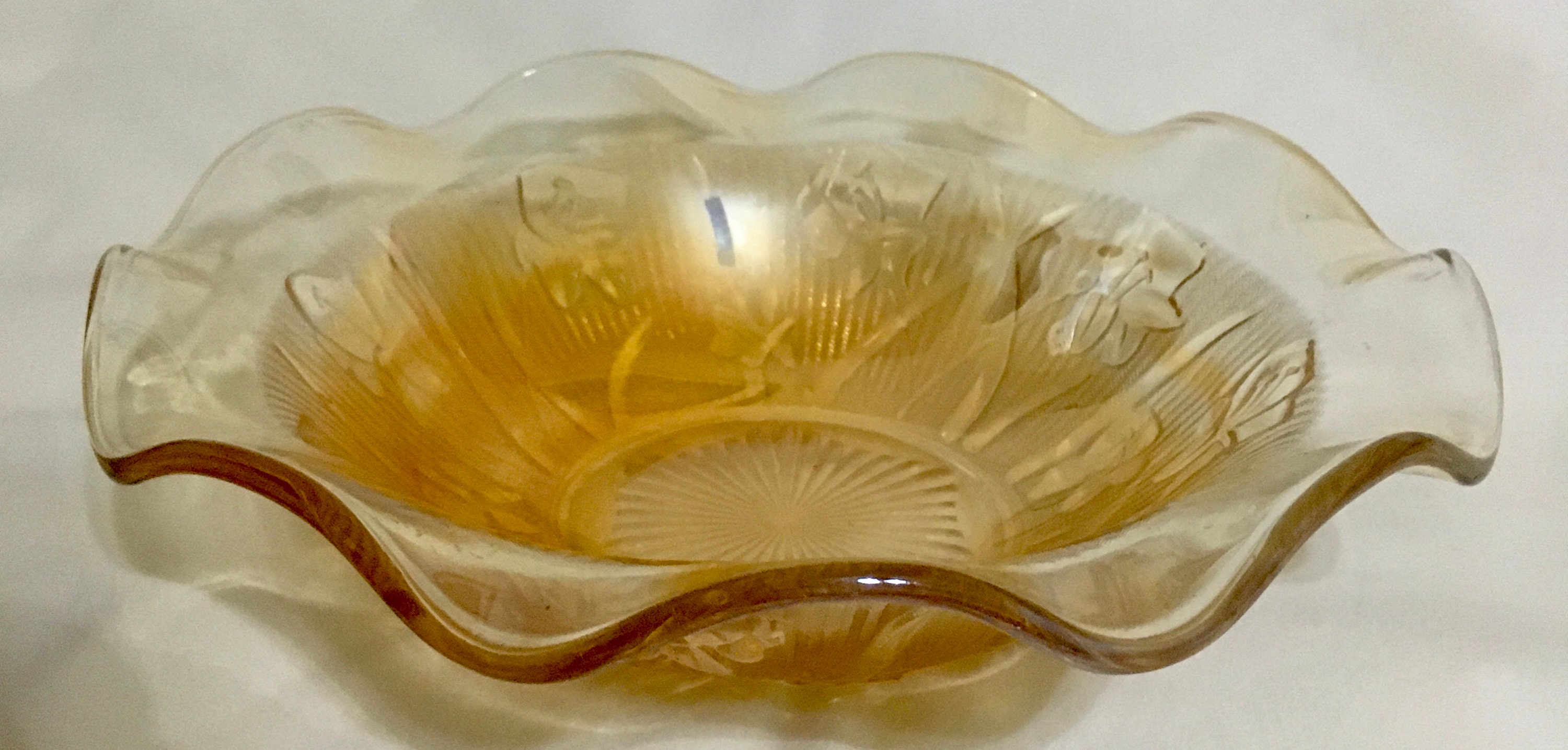 Glass Iris and Herringbone Marigold Ruffled edge Bowl 9.5 inch