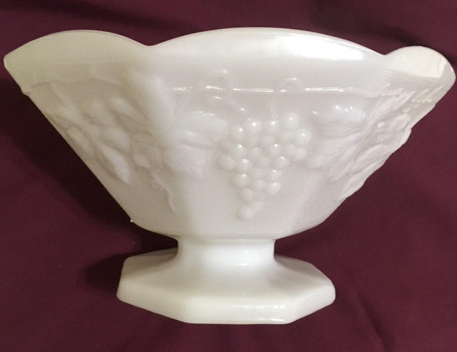 Anchor Hocking White Milk Glass Footed Serving Bowl, 8 sided, 9 wide,5 tall