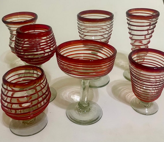 Red Striped Mexican Blown Glass Assortment Sold in Matching Sets