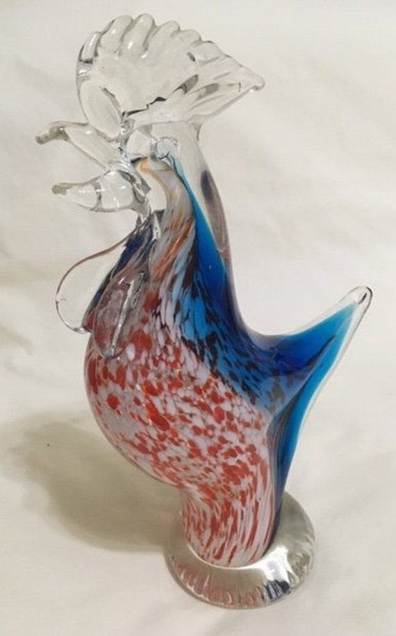 Art Glass Orange White and Blue Chicken, Murano Italian Art Style,  10 1/2" Tall