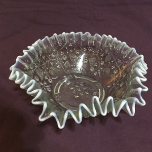 Fenne Glassworks of Germany, Scarce Tree of Love Pattern Light Blue Opalescent Ruffled Edge Bowl