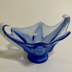 Murano Style Glass Basket Bowl  Blue and White